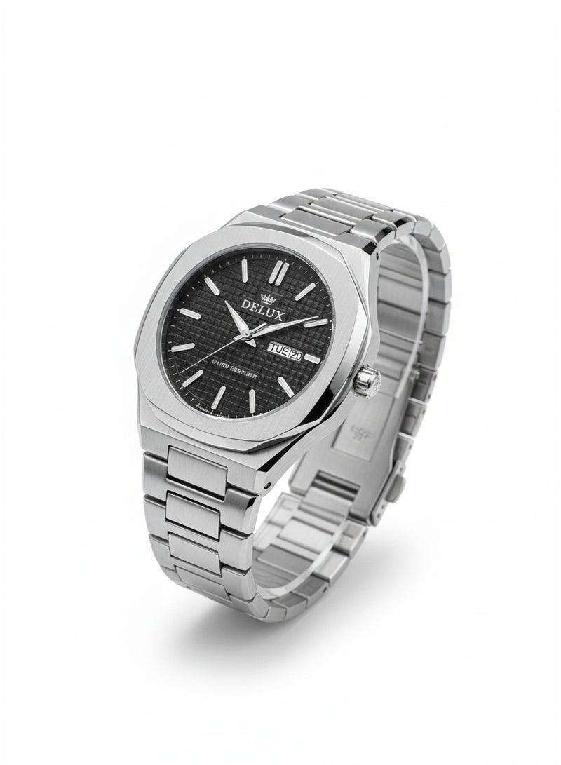 ديلوكس ساعة ديلوكس رجالية كوارتز من الفولاذ المقاوم للصدأ مع مينا أسود مزخرف وعرض التاريخ واليوم - Image 5